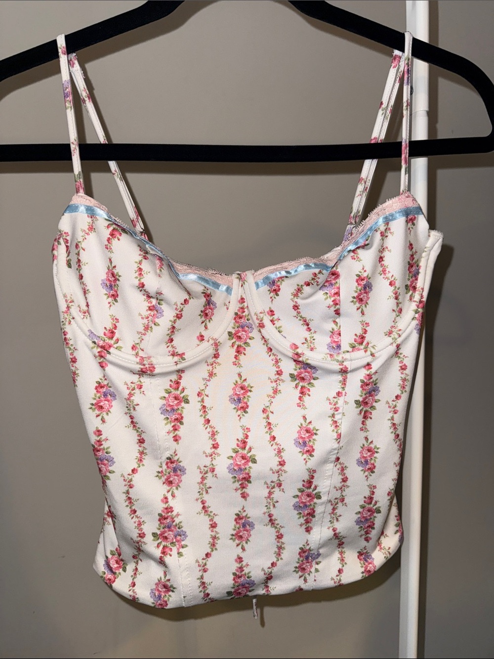 Edikted White Floral Bustier Camisole with Pink & Purple Roses